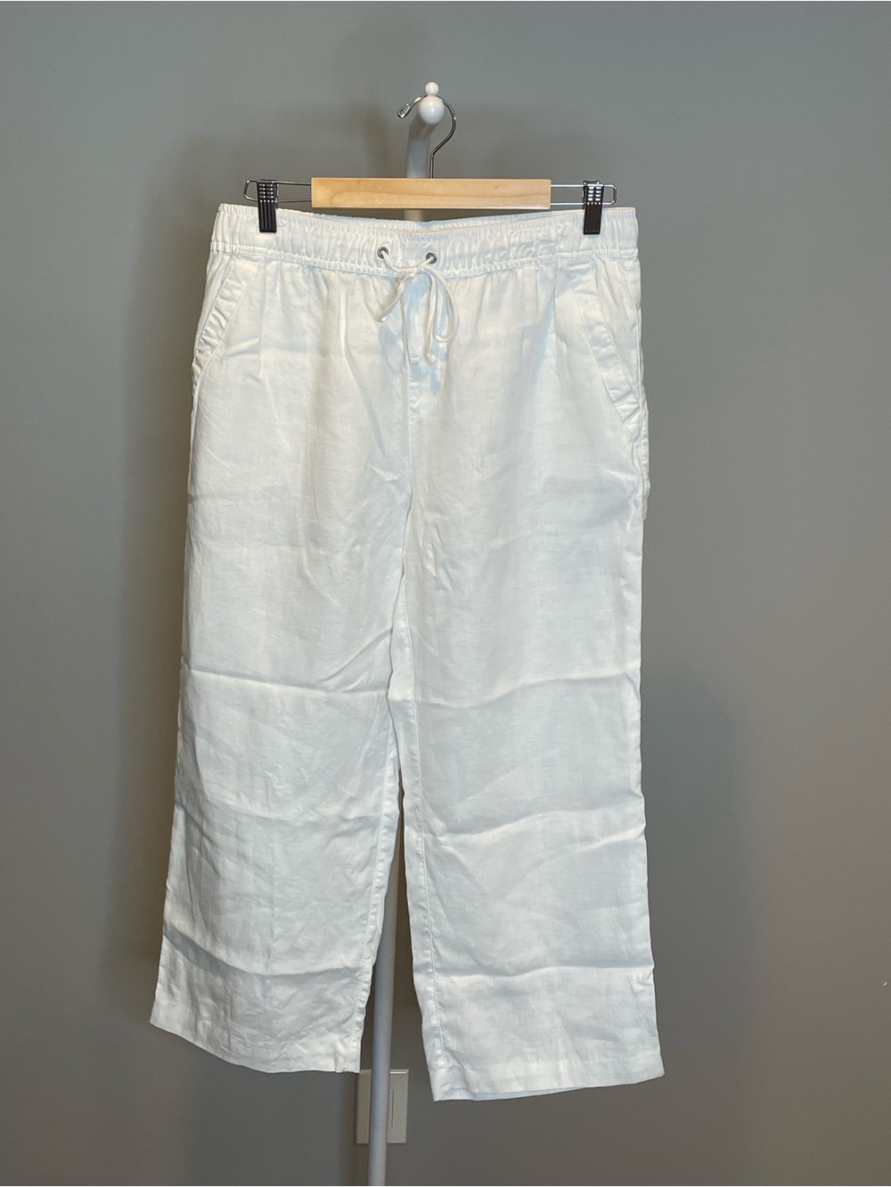 Kenar White 100% Linen Wide Leg Drawstring Pants Large Coastal Resort. NWOT